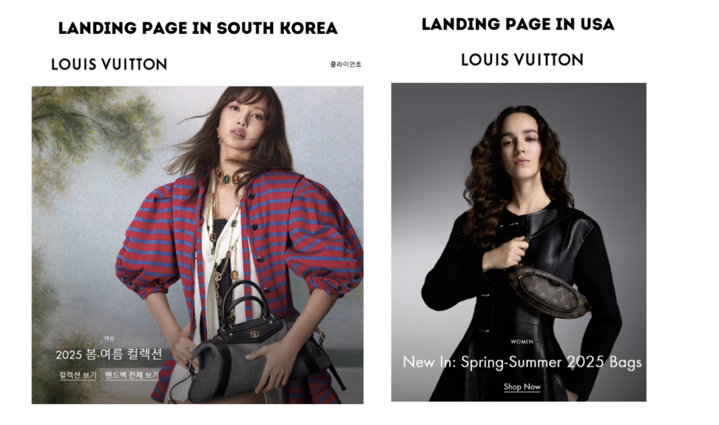 The difference between the marketing strategy of LV (Louis Vuitton) in different countries. South Kore and USA